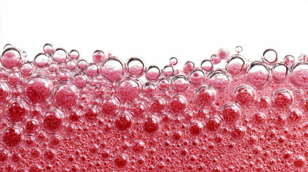 Close up of red wine bubbles on white background. Macro shot.の素材