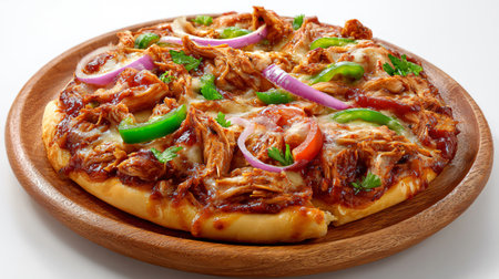 Pizza with meat and vegetables on a wooden plate on a white backgroundの素材