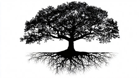 Silhouette of a tree with roots isolated on white background.の素材