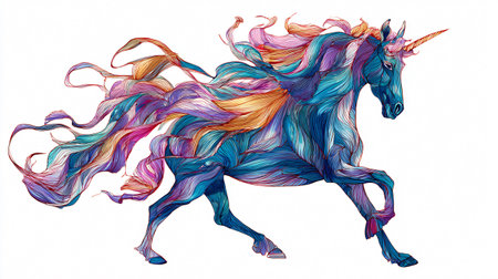 Illustration of a fantasy unicorn with multicolored mane.の素材