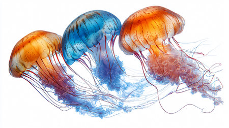 Jellyfish isolated on white background, 3D illustration. Jellyfish in water.の素材