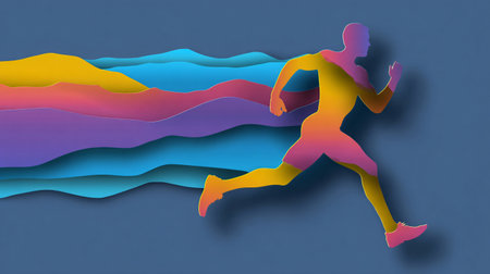 Running man. 3D illustration. Paper cut style. Abstract background.の素材