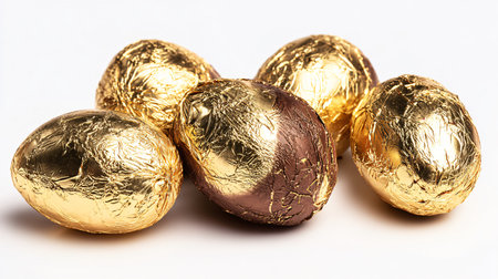 Chocolate easter eggs in golden foil isolated on white background.の素材