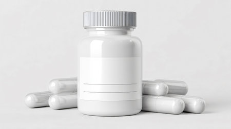 White medicine bottle mockup with blank label on white background. 3D renderingの素材