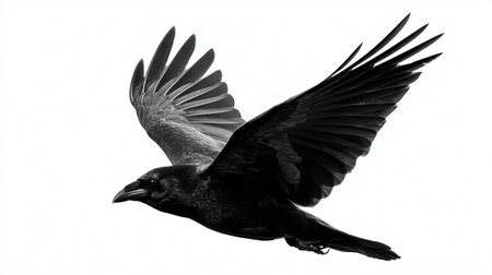 Elegant Ravens in Flight on White Backgroundの素材