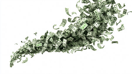 Elegant Falling Money Dollar Rain with Rich Green Banknotes in Motionの素材