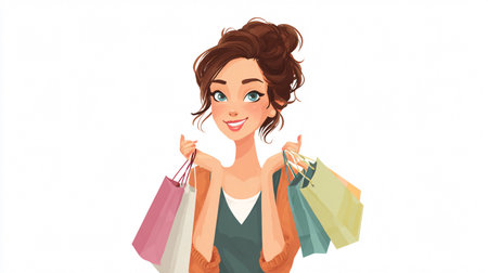 Smiling Woman Shopping Isolated: Fashionista Holding Bags Joyfullyの素材