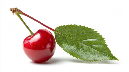 Fresh Cherry with Leaf Isolated on White Background for Product Displayの素材