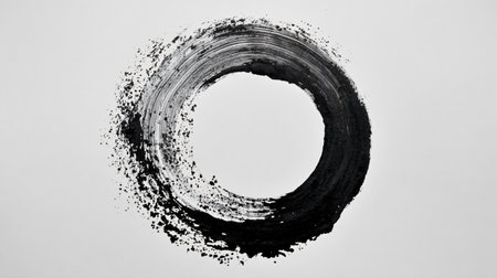 Elegant Black Ink Stroke Circle on White Background Representing Minimalismの素材