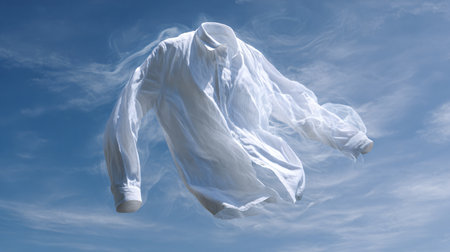 Ethereal Floating Ghost Model in Blue Background on White Shirtの素材