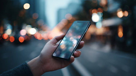 Professional Hand Holding Smart Phone Device Technology Communication Conceptの素材