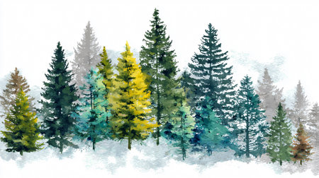 Majestic Alpine Trees in Enchanting Forest Watercolor Illustrationの素材