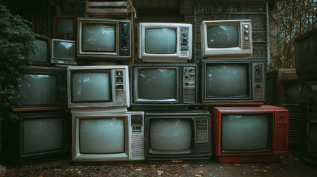 Vintage CRT Television Stack on Old Techno TV Tube - 90s Retro TV Displayの素材