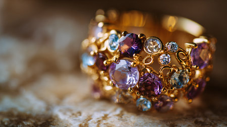 Luxurious Ring with Intricate Details and Sparkling Gemstones for Elegant Accessory Conceptの素材