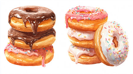 Vibrant Watercolor Style Stack of Colorful Glazed Donutsの素材
