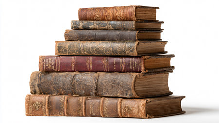 Vintage Antique Books Stack on Shelf with Worn Leather Coversの素材