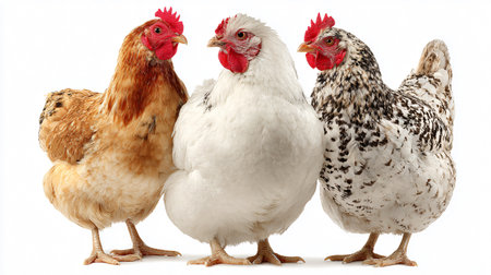 Three Chicken Isolated on White Background for Poultry and Farm Conceptsの素材