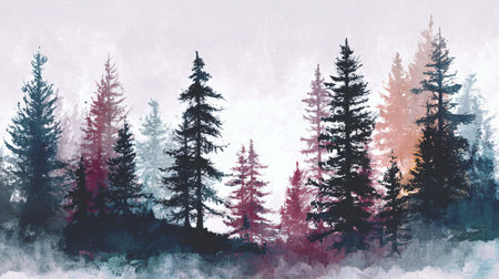 Majestic Alpine Trees in Enchanting Forest Watercolor Illustrationの素材