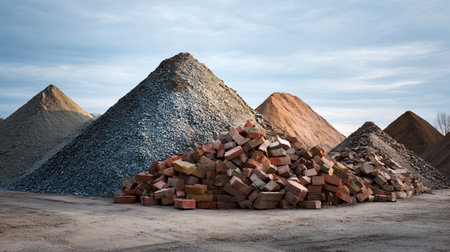 Professional Stacked Building Materials with Gravel, Sand, Bricks, and Concrete Blocksの素材