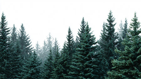Serene Evergreen Fir Pine Spruce Trees Treeline in Green Forestの素材