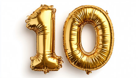 Golden Number 10 Balloon Isolated on White Background for Celebration Eventsの素材