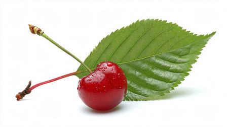 Fresh Cherry with Leaf Isolated on White Background for Product Displayの素材