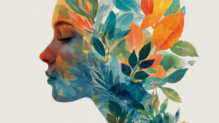 Creative Double Exposure Portrait of Woman with Plants, Nature and Femininityの素材