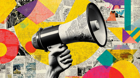 Hand Holding Megaphone Over New Collage Marketing Communication Conceptの素材