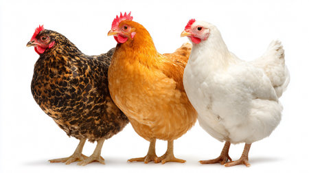 Three Chicken Isolated on White Background for Poultry and Farm Conceptsの素材