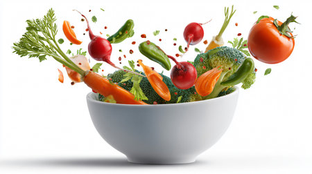 Flying Vegetables with Bowl Isolated on White Backgroundの素材