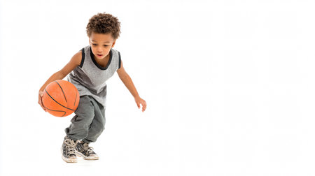 Full length portrait of a little boy playing basketball isolated on white backgroundの素材