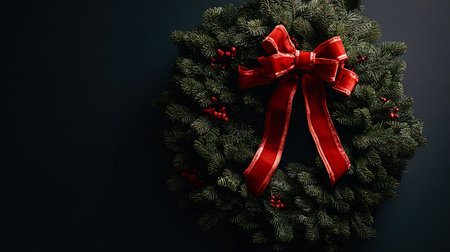 Elegant Christmas Wreath with Red Ribbon and Bow Decorationの素材