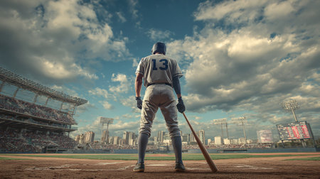 Professional baseball player batting on a vibrant baseball fieldの素材
