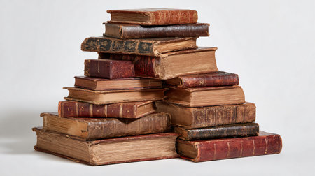 Vintage Antique Books Stack on Shelf with Worn Leather Coversの素材