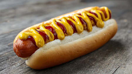 Delicious Hot Dog with Mustard and Ketchup on Brown Bun Close-upの素材