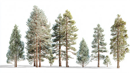 Serene Set of Ponderosa Pine Trees with White Backgroundの素材