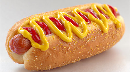 Delicious Hot Dog with Mustard and Ketchup on Brown Bun Close-upの素材