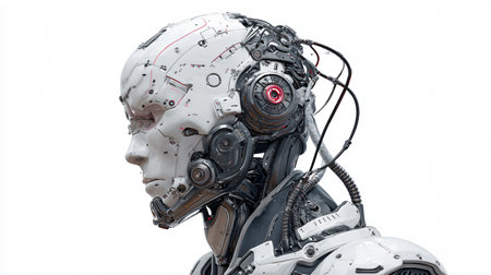 Futuristic Exoskeleton Cyborg Male Face Isolated on White Backgroundの素材