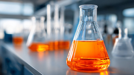 Professional Chemical Laboratory Flask with Orange Liquid Experiment Showcaseの素材