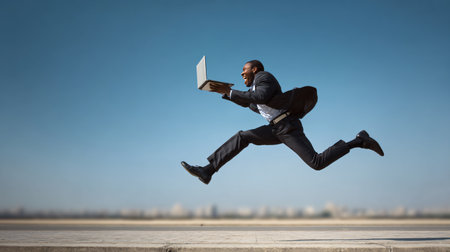 Professional Businessman Working on Laptop Floating Mid-Air Successの素材
