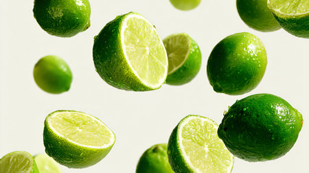 Vibrant Collage of Falling Limes on White Background for Refreshing Citrus Conceptの素材