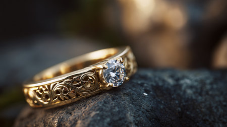 Stunning Gold Engagement Ring with Diamond Cut - Elegant Jewelry Photoの素材