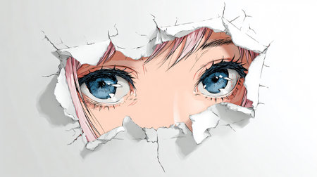 Manga Eyes Peeking from Paper Tear - Anime Girl Illustrationの素材