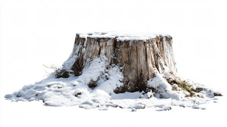 Winter landscape with snow-covered old tree stump, isolated on white backgroundの素材