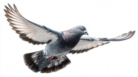 Graceful Pigeon Soaring in Flight Isolated on White Backgroundの素材