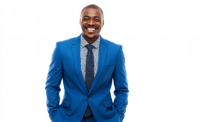 Professional African American Man Smiling Happily in Blue Suit Outfitの素材