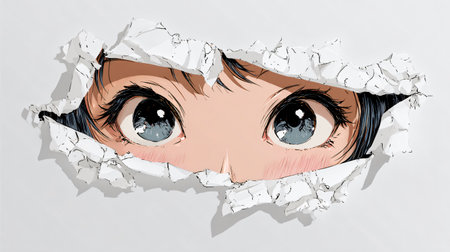 Manga Eyes Peeking from Paper Tear - Anime Girl Illustrationの素材