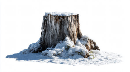 Winter landscape with snow-covered old tree stump, isolated on white backgroundの素材