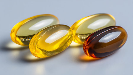 Bright White and Yellow Vitamins on Light Background for Health and Wellness Conceptsの素材