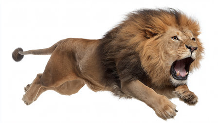 Majestic Male Lion Panthera Leo Mid-Air Leap Wildlife Photographyの素材
